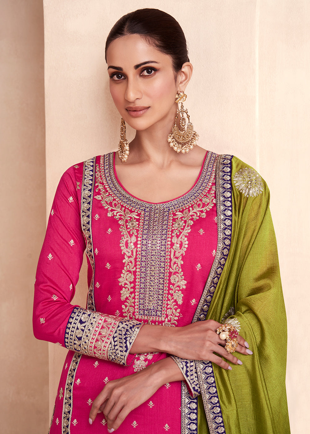Buy Now Pink Embroidered Premium Silk Palazzo Suit with Green Dupatta Online in USA, UK, Canada, Germany, Australia & Worldwide at Empress Clothing. 