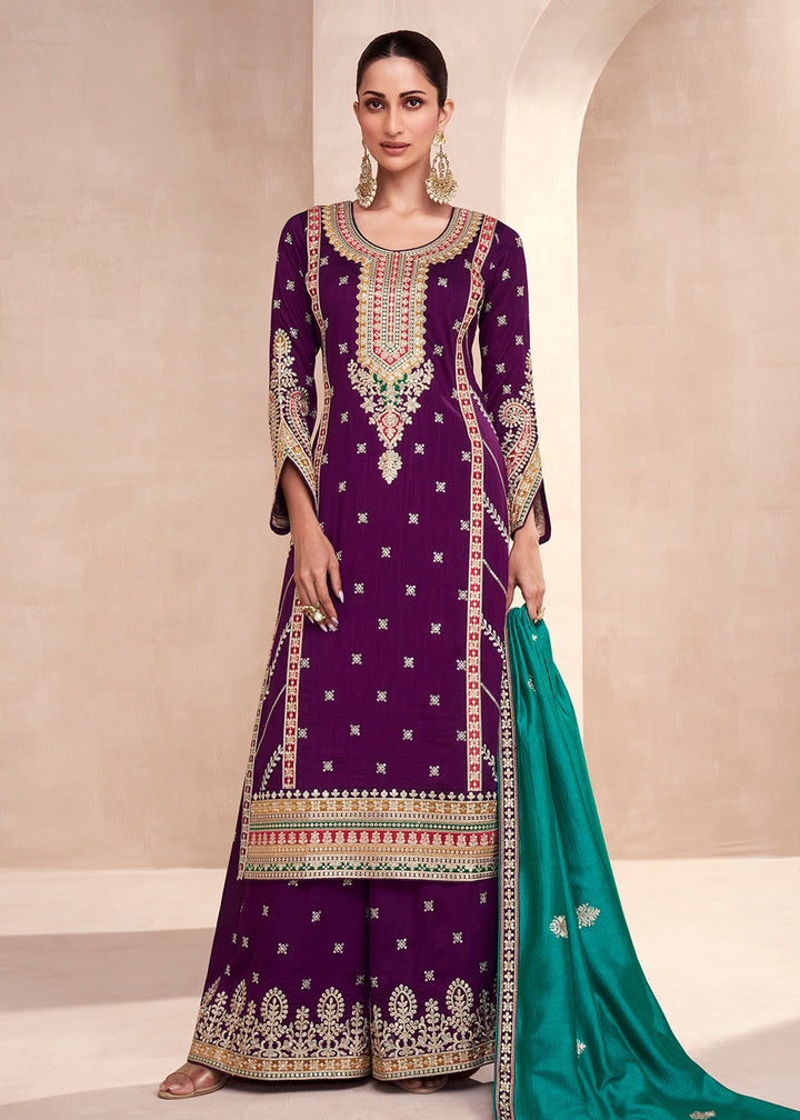 Buy Now Purple Embroidered Premium Silk Palazzo Suit with Teal Dupatta Online in USA, UK, Canada, Germany, Australia & Worldwide at Empress Clothing.