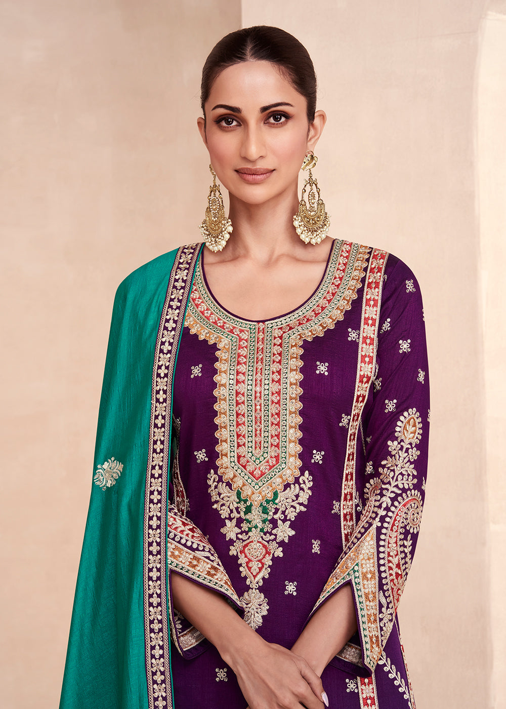 Buy Now Purple Embroidered Premium Silk Palazzo Suit with Teal Dupatta Online in USA, UK, Canada, Germany, Australia & Worldwide at Empress Clothing.