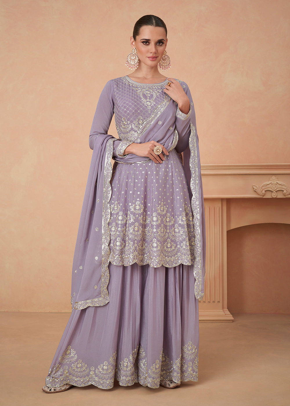 Buy Now Premium Chinnon Lavender Embroidered Wedding Palazzo Suit Online in USA, UK, Canada, Germany, Australia & Worldwide at Empress Clothing.