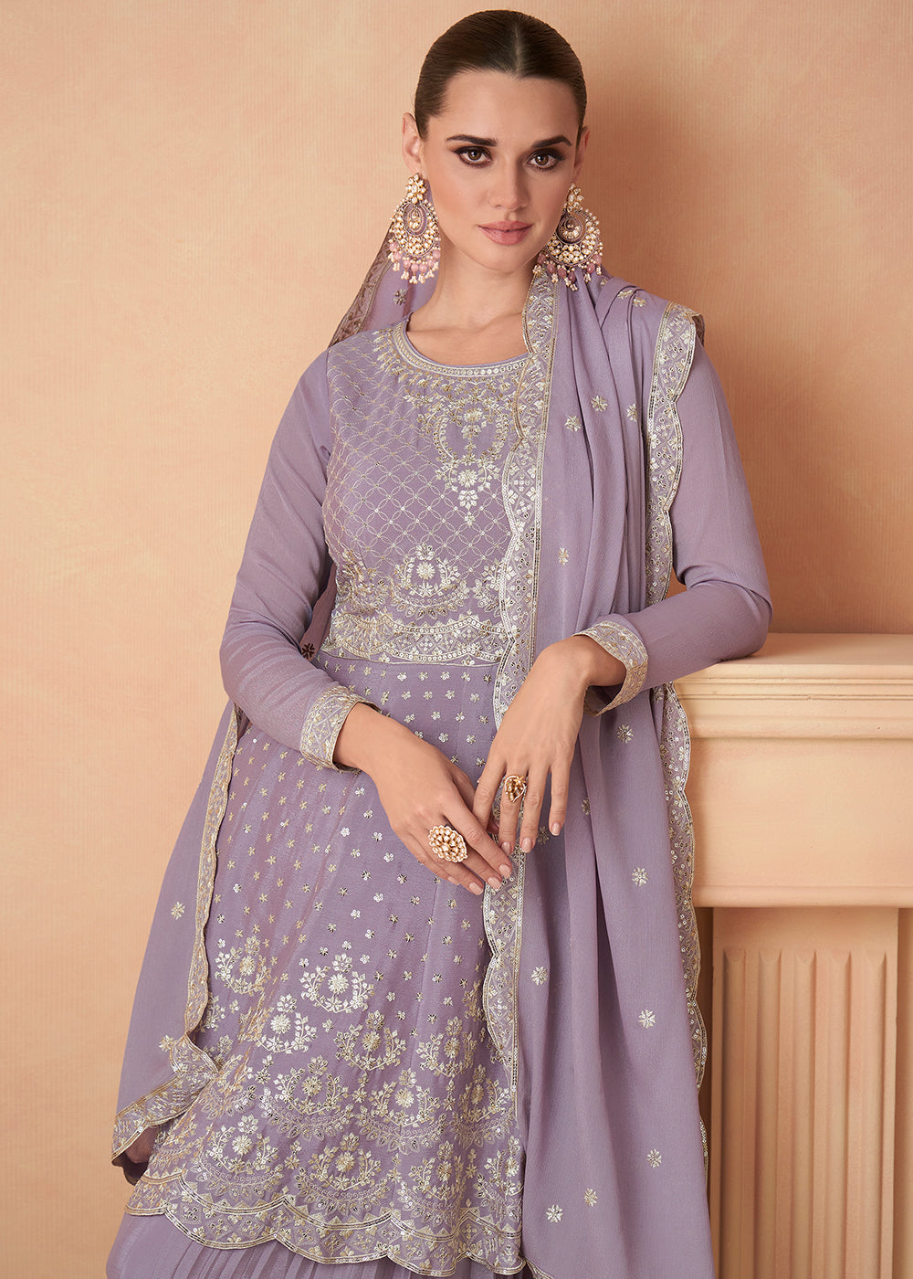 Buy Now Premium Chinnon Lavender Embroidered Wedding Palazzo Suit Online in USA, UK, Canada, Germany, Australia & Worldwide at Empress Clothing.