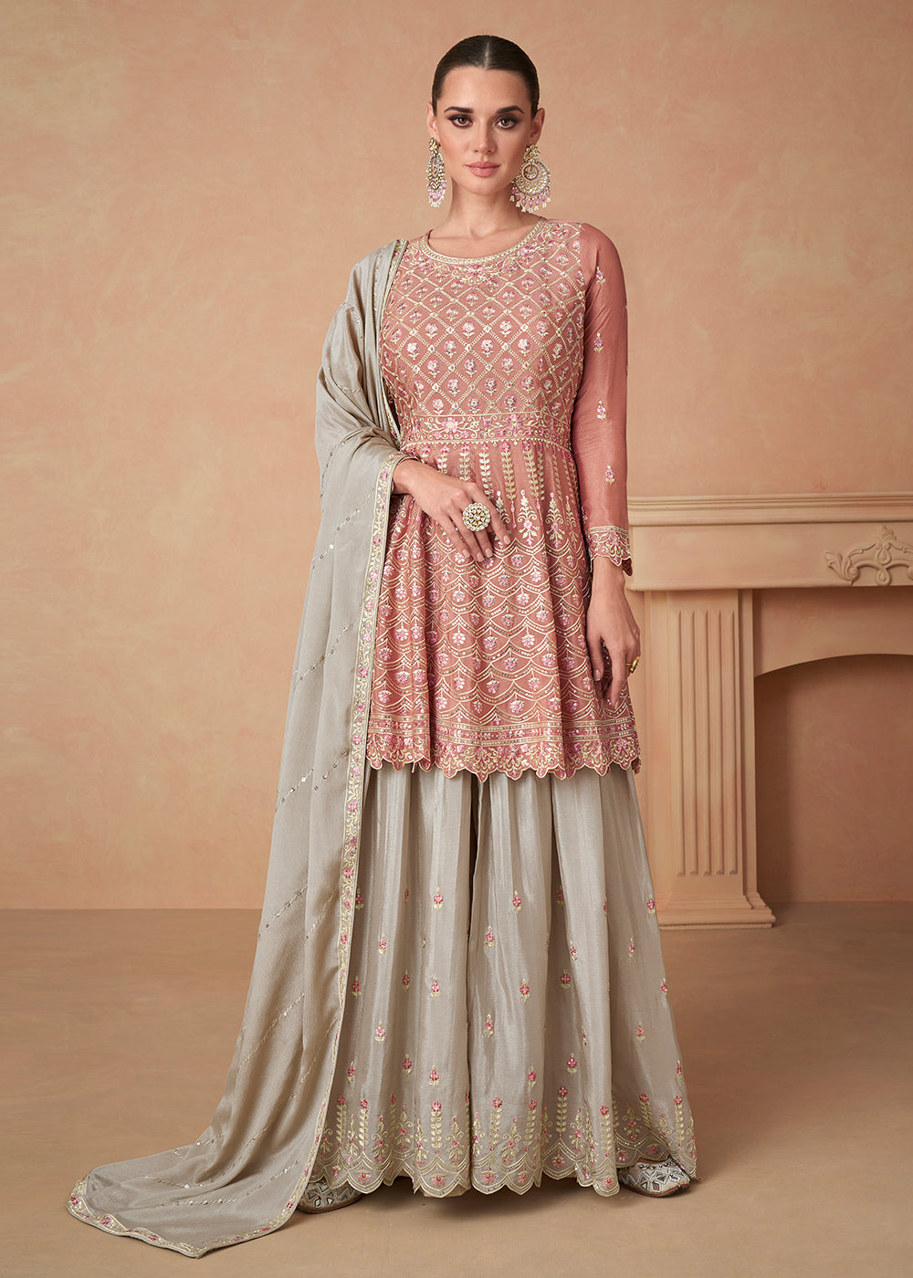 Buy Now Premium Chinnon Peach Embroidered Wedding Palazzo Suit Online in USA, UK, Canada, Germany, Australia & Worldwide at Empress Clothing. 