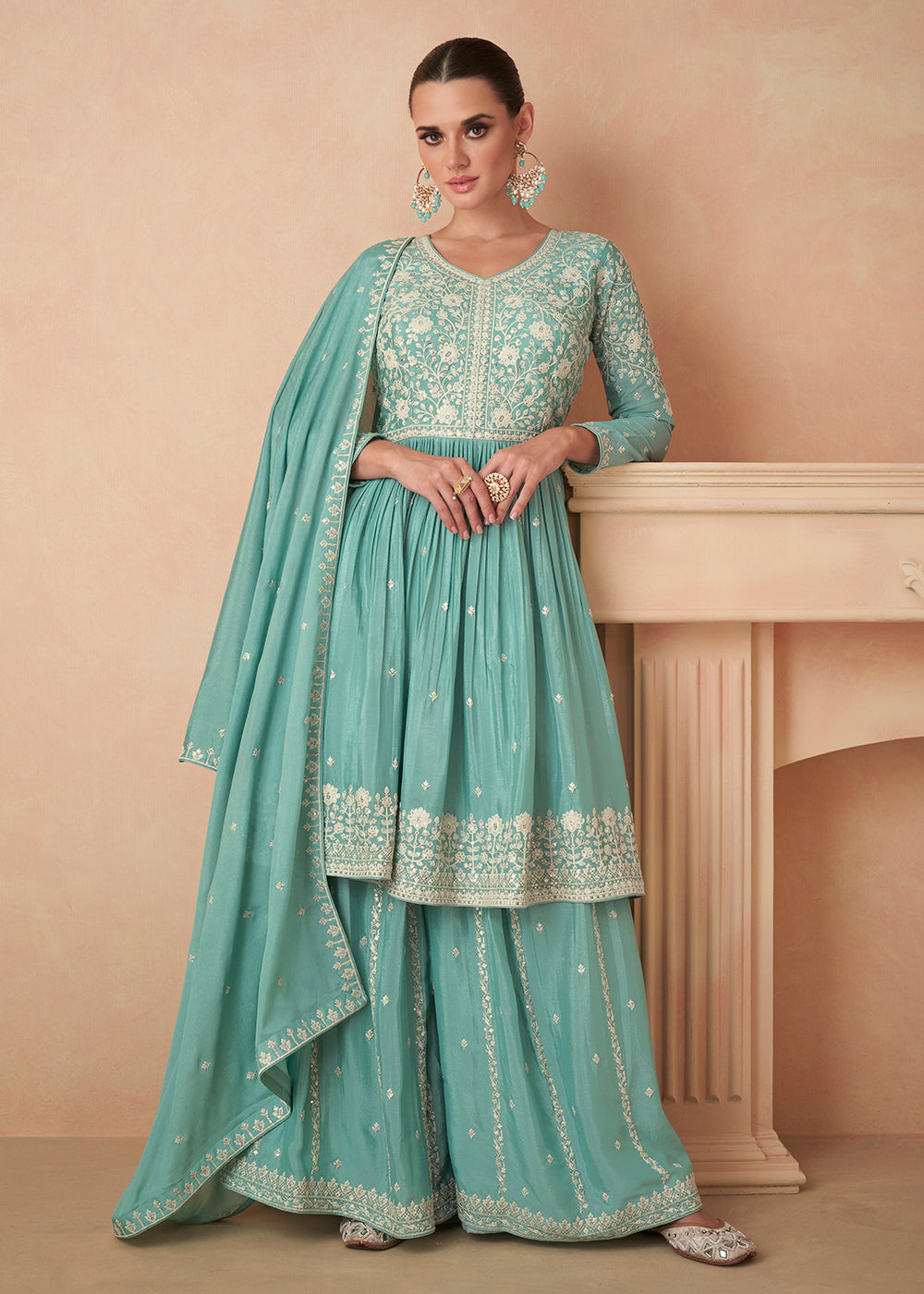 Buy Now Premium Chinnon Sea Green Embroidered Wedding Palazzo Suit Online in USA, UK, Canada, Germany, Australia & Worldwide at Empress Clothing.