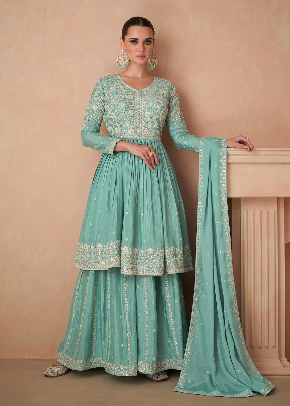 Buy Now Premium Chinnon Sea Green Embroidered Wedding Palazzo Suit Online in USA, UK, Canada, Germany, Australia & Worldwide at Empress Clothing.