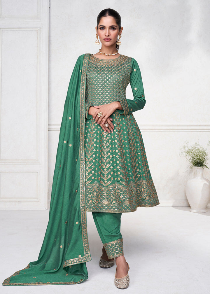 Buy Now Jade Green Punjabi Style Silk Embroidered Salwar Suit Online in USA, UK, Canada, Germany, Australia & Worldwide at Empress Clothing.