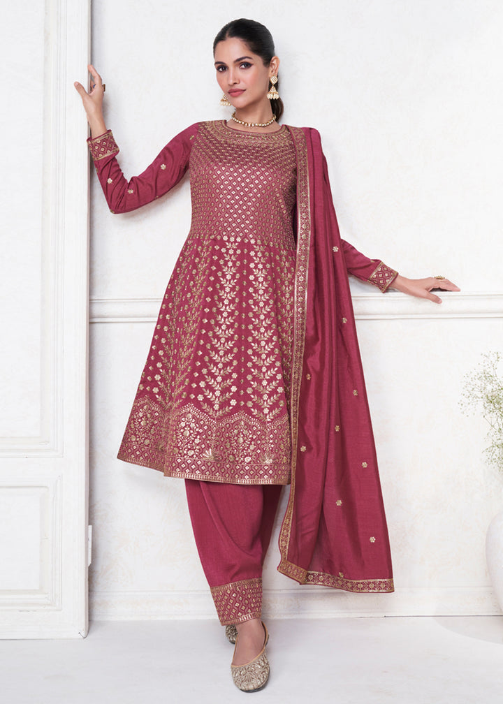 Lovely Pink Punjabi Style Silk Embroidered Salwar Suit