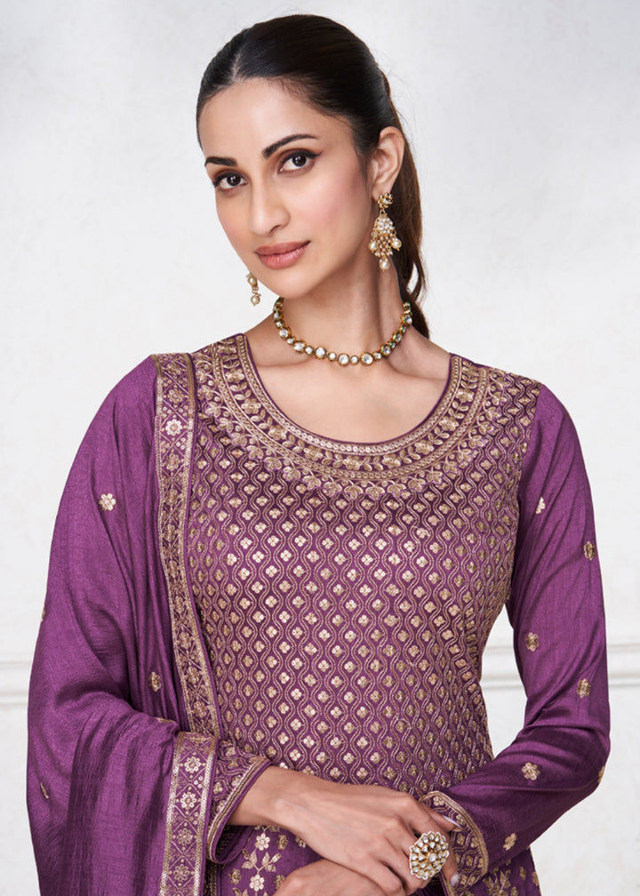 Buy Now Magenta Purple Punjabi Style Silk Embroidered Salwar Suit Online in USA, UK, Canada, Germany, Australia & Worldwide at Empress Clothing. 