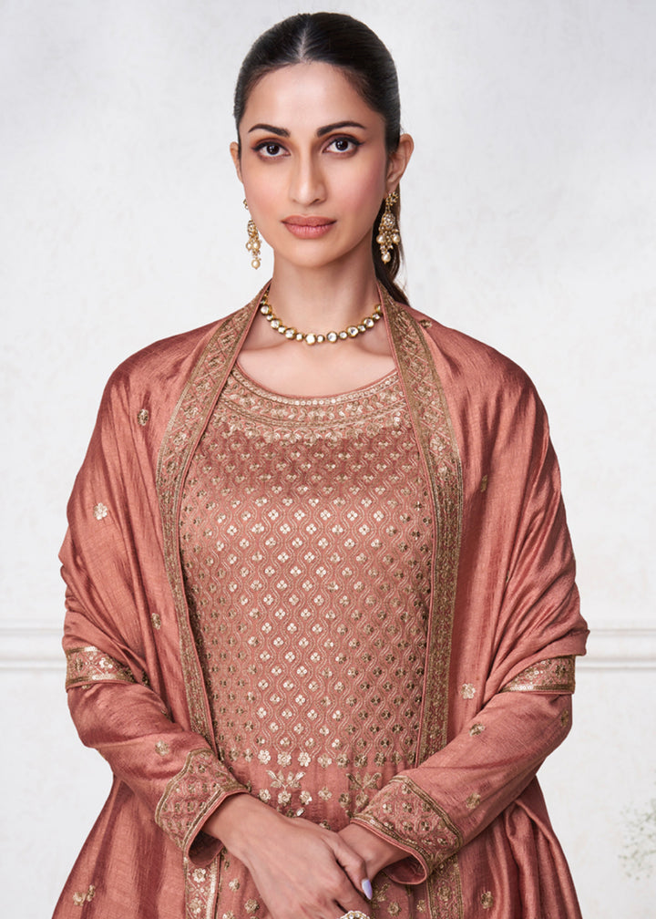 Buy Now Tangy Brown Punjabi Style Silk Embroidered Salwar Suit Online in USA, UK, Canada, Germany, Australia & Worldwide at Empress Clothing. 