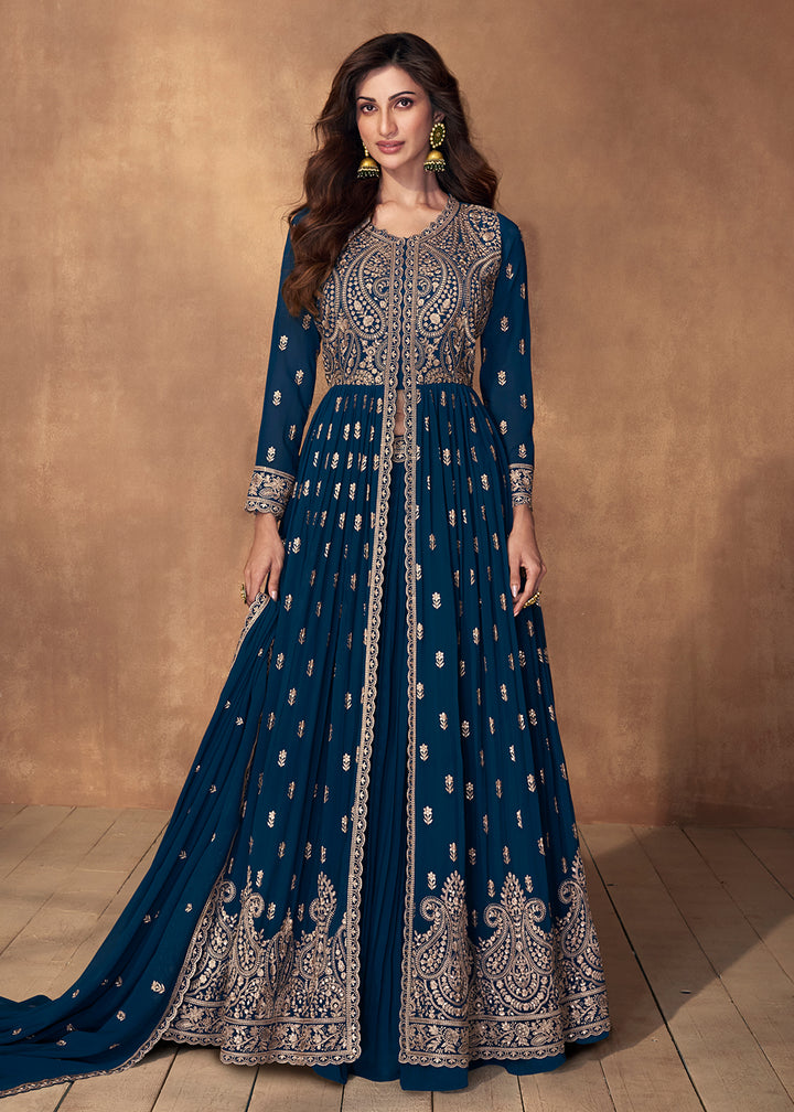 Buy Now Lehenga Style Prussian Blue Wedding Wear Anarkali Suit Online in USA, UK, Australia, New Zealand, Canada & Worldwide at Empress Clothing.