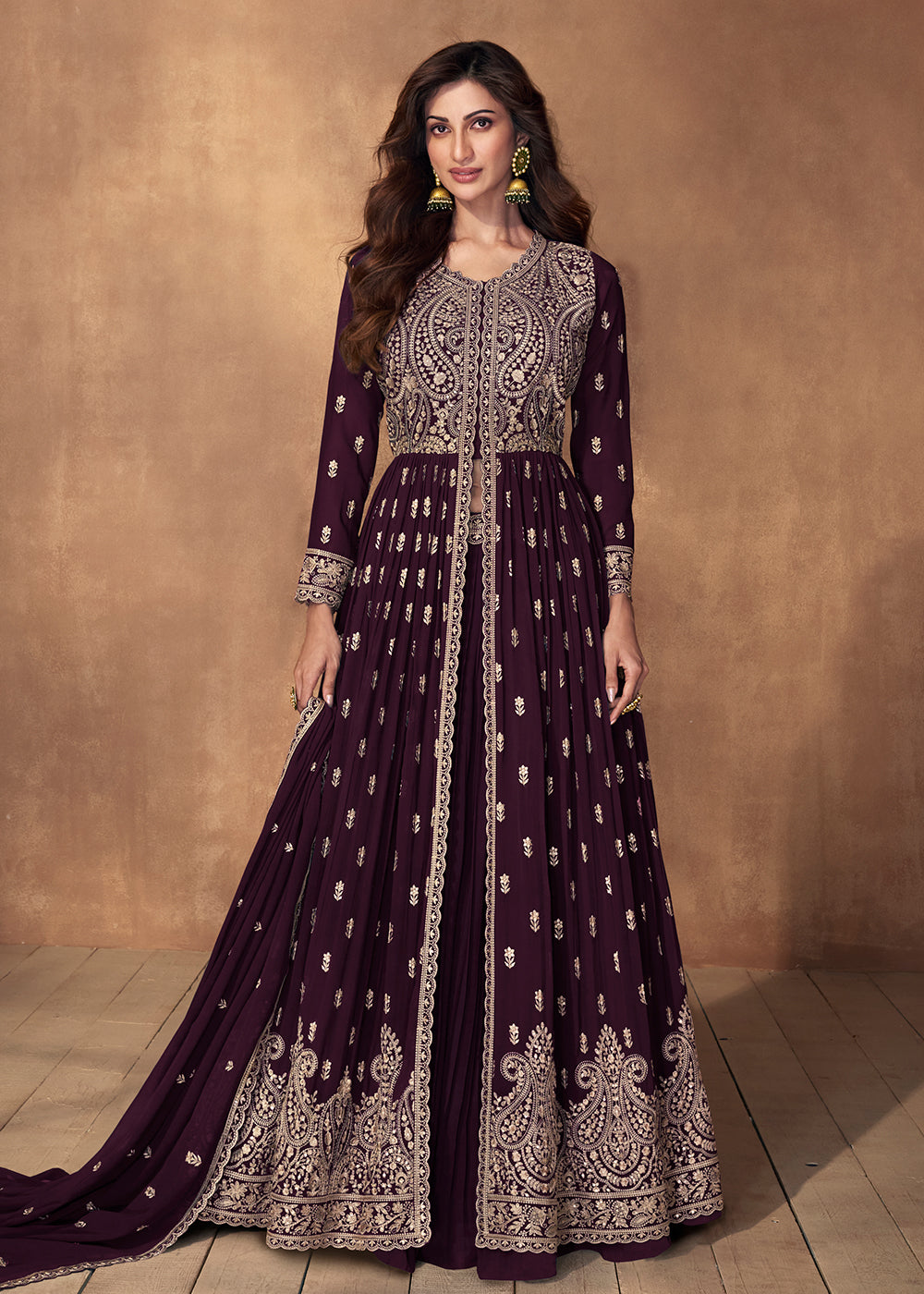 Buy Now Lehenga Style Plum Purple Wedding Wear Anarkali Suit Online in USA, UK, Australia, New Zealand, Canada & Worldwide at Empress Clothing.