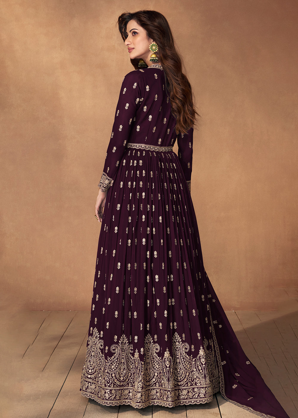 Buy Now Lehenga Style Plum Purple Wedding Wear Anarkali Suit Online in USA, UK, Australia, New Zealand, Canada & Worldwide at Empress Clothing.