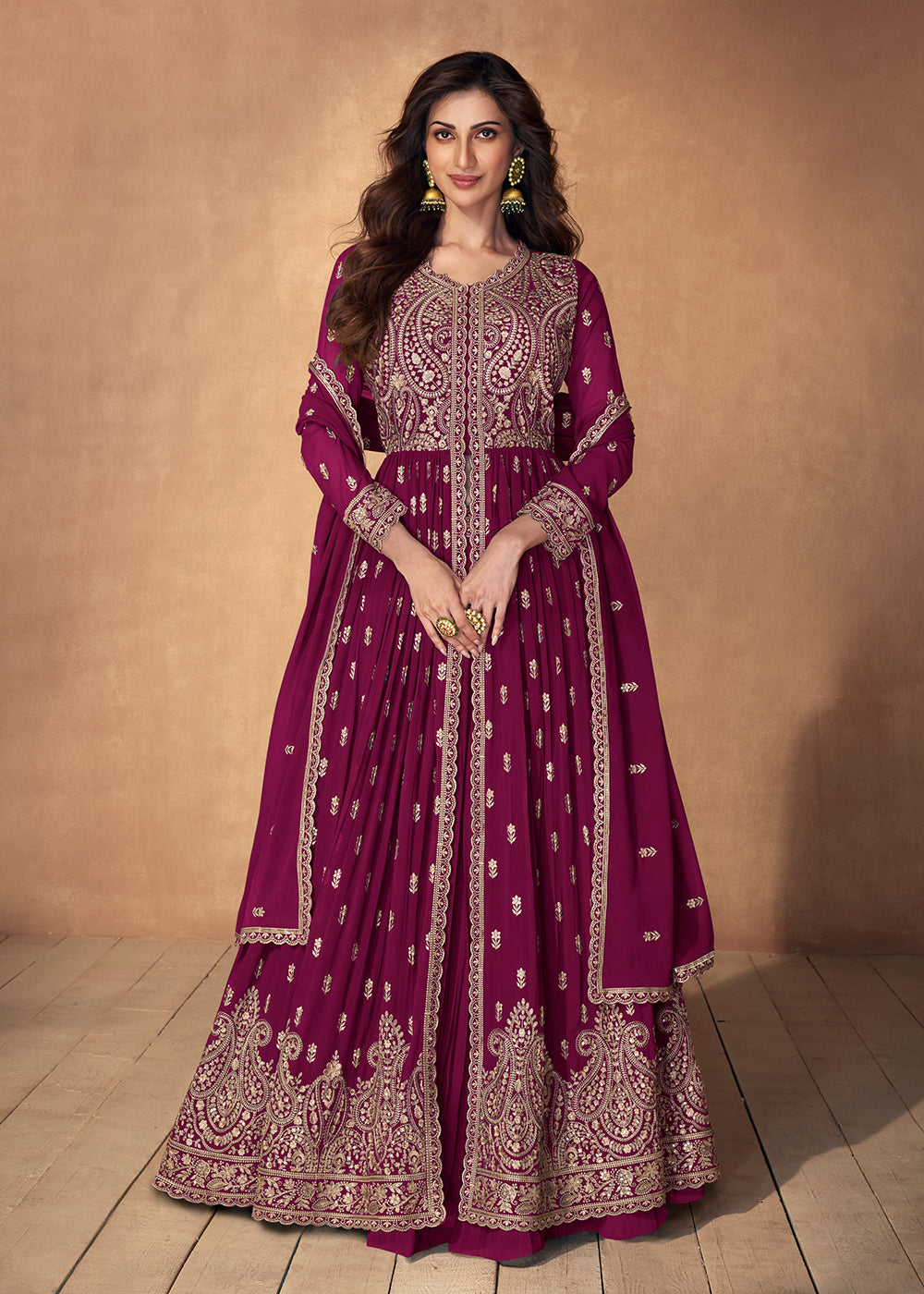 Buy Now Lehenga Style Magenta Wedding Wear Anarkali Suit Online in USA, UK, Australia, New Zealand, Canada & Worldwide at Empress Clothing