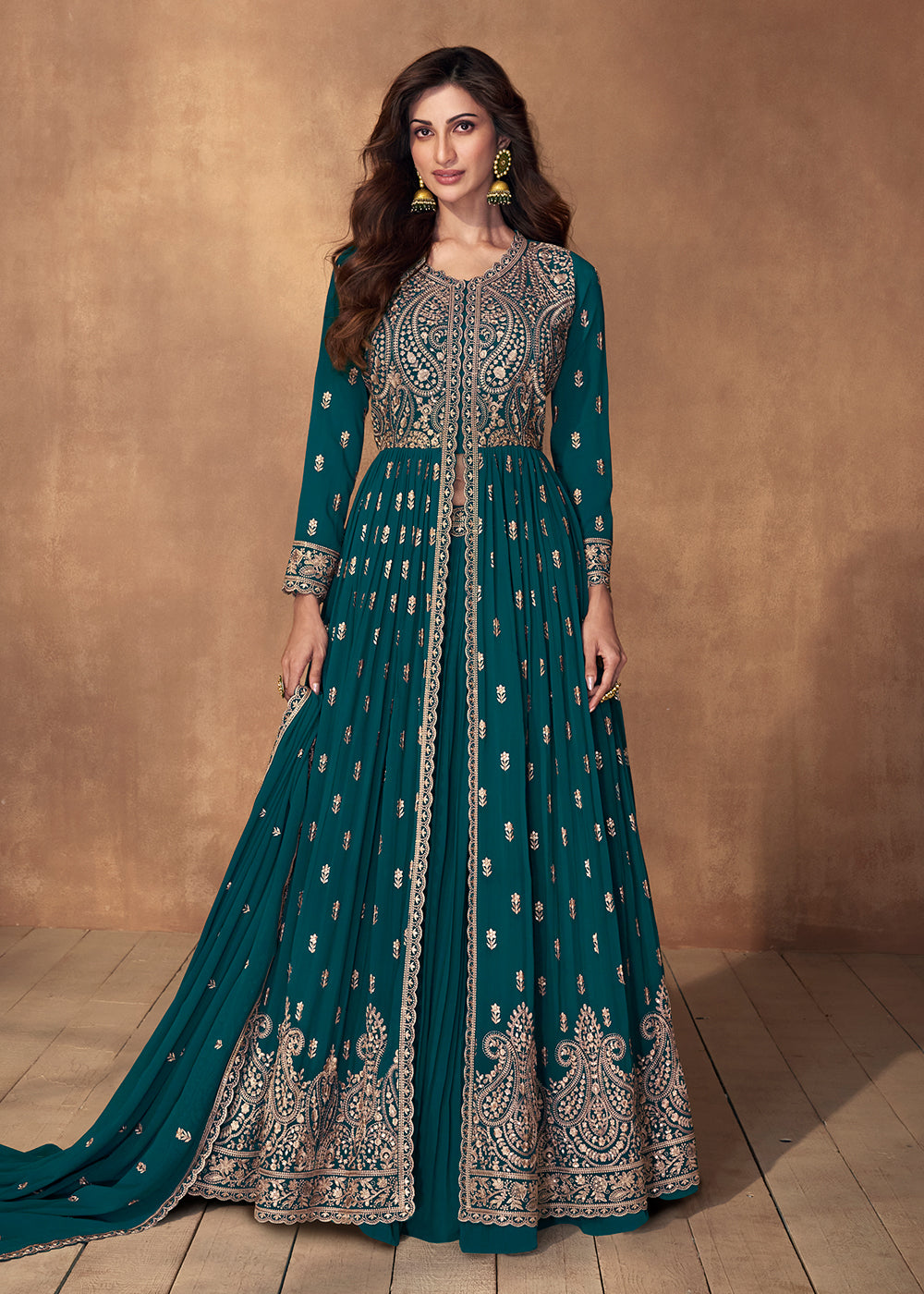 Buy Now Lehenga Style Turquoise Wedding Wear Anarkali Suit Online in USA, UK, Australia, New Zealand, Canada & Worldwide at Empress Clothing.