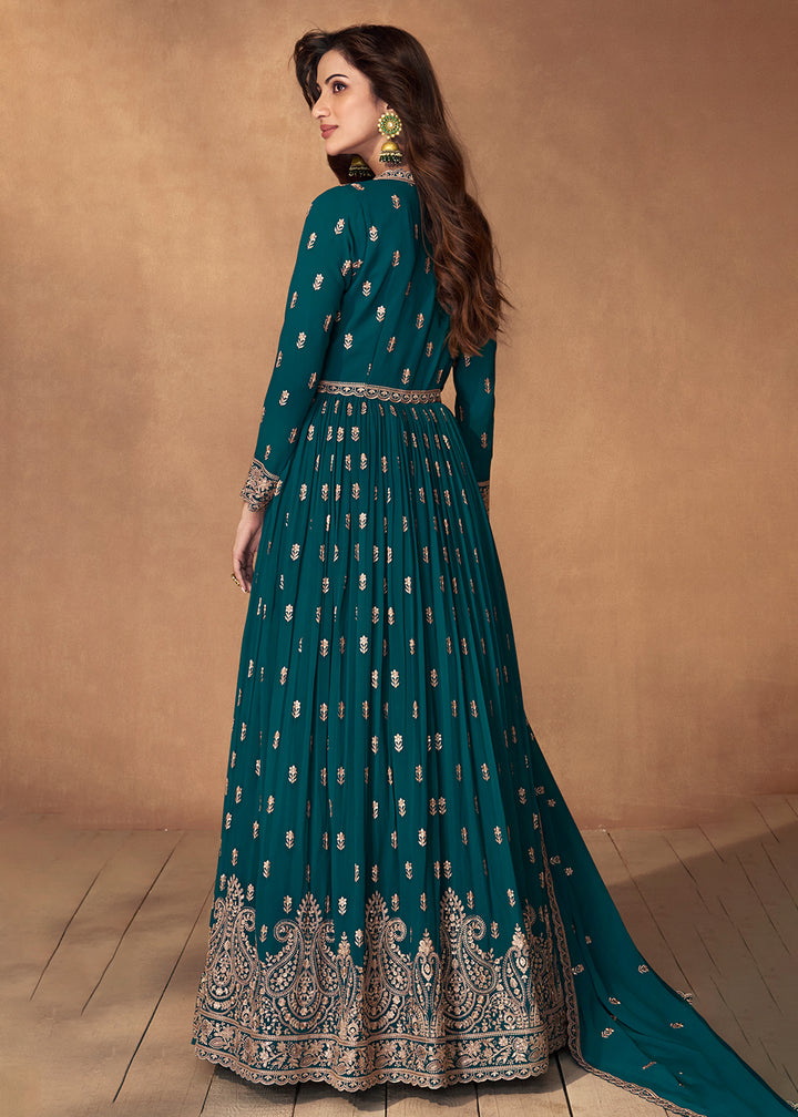 Buy Now Lehenga Style Turquoise Wedding Wear Anarkali Suit Online in USA, UK, Australia, New Zealand, Canada & Worldwide at Empress Clothing.