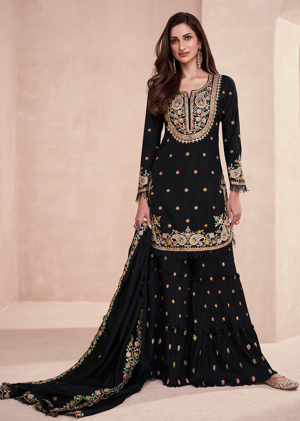 Buy Now Dola Silk Pleasing Black Embroidered Designer Palazzo Suit Online in USA, UK, Canada, Germany, Australia & Worldwide at Empress Clothing.