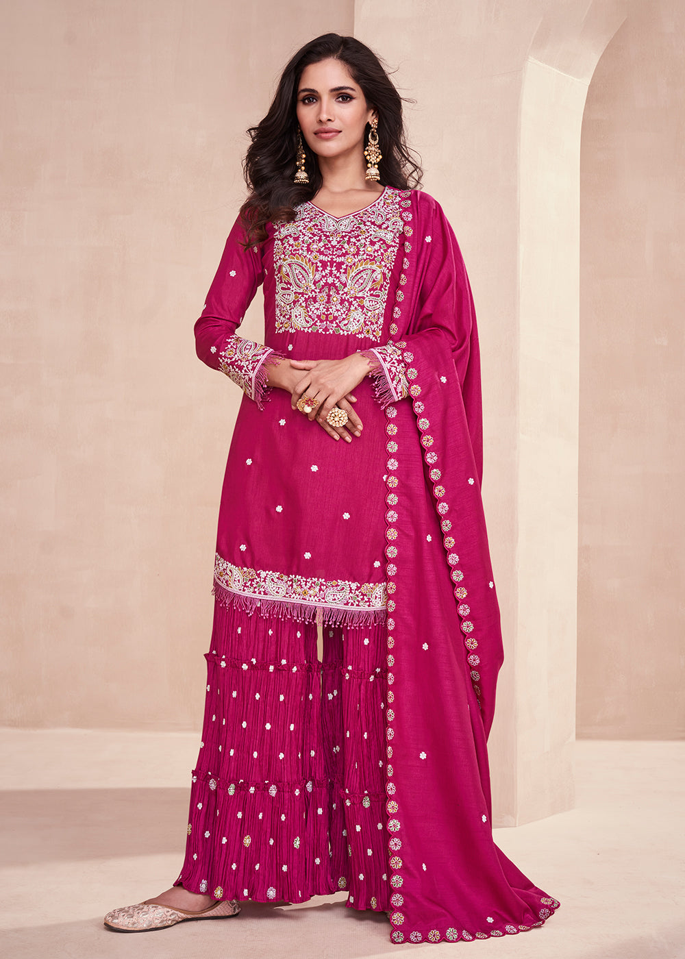 Buy Now Dola Silk Pleasing Pink Embroidered Designer Palazzo Suit Online in USA, UK, Canada, Germany, Australia & Worldwide at Empress Clothing.