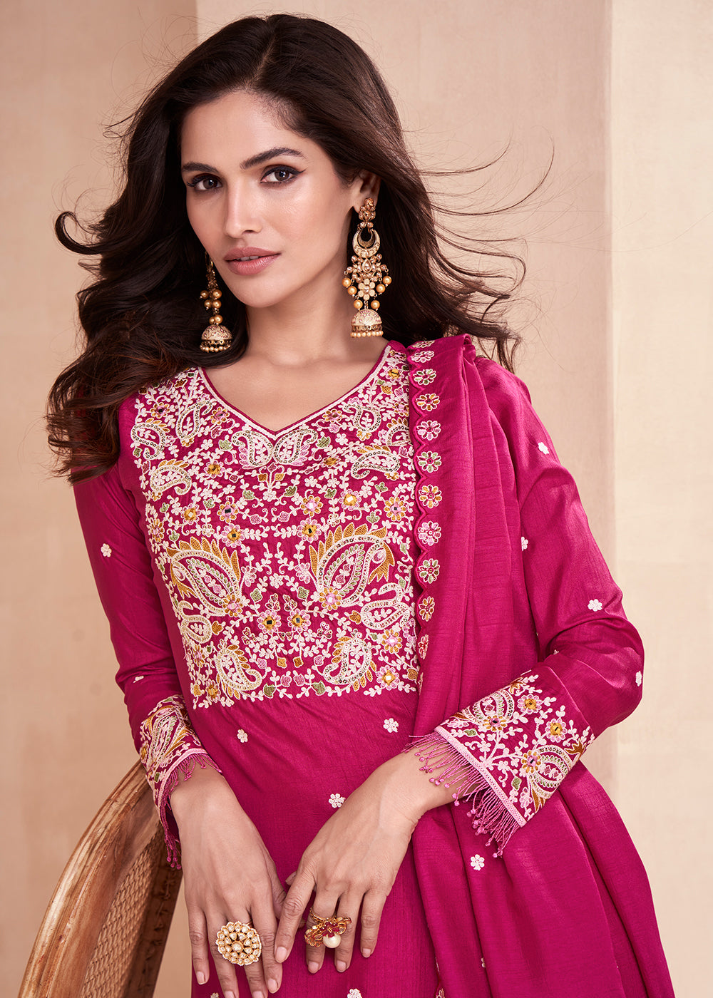 Buy Now Dola Silk Pleasing Pink Embroidered Designer Palazzo Suit Online in USA, UK, Canada, Germany, Australia & Worldwide at Empress Clothing.