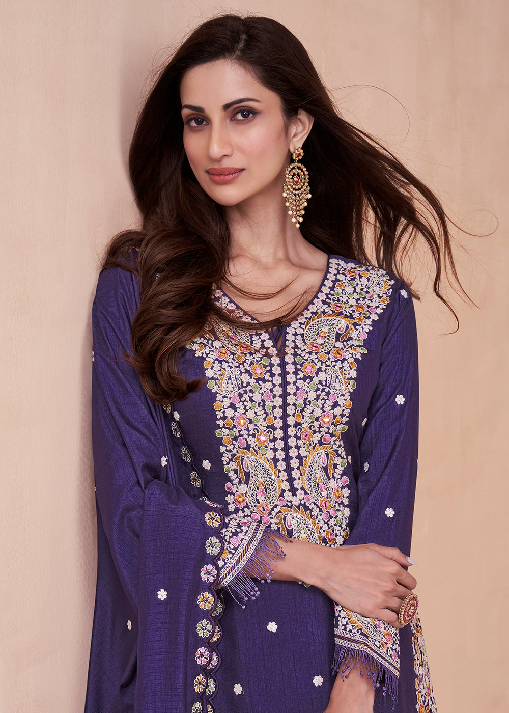 Buy Now Dola Silk Pleasing Purple Embroidered Designer Palazzo Suit Online in USA, UK, Canada, Germany, Australia & Worldwide at Empress Clothing.