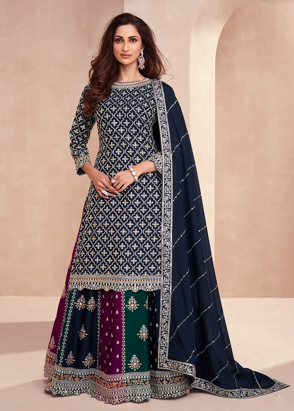 Buy Now Dark Blue Multicolor Sequins Embroidered Lehenga Skirt Suit Online in USA, UK, Australia, New Zealand, Canada & Worldwide at Empress Clothing. 