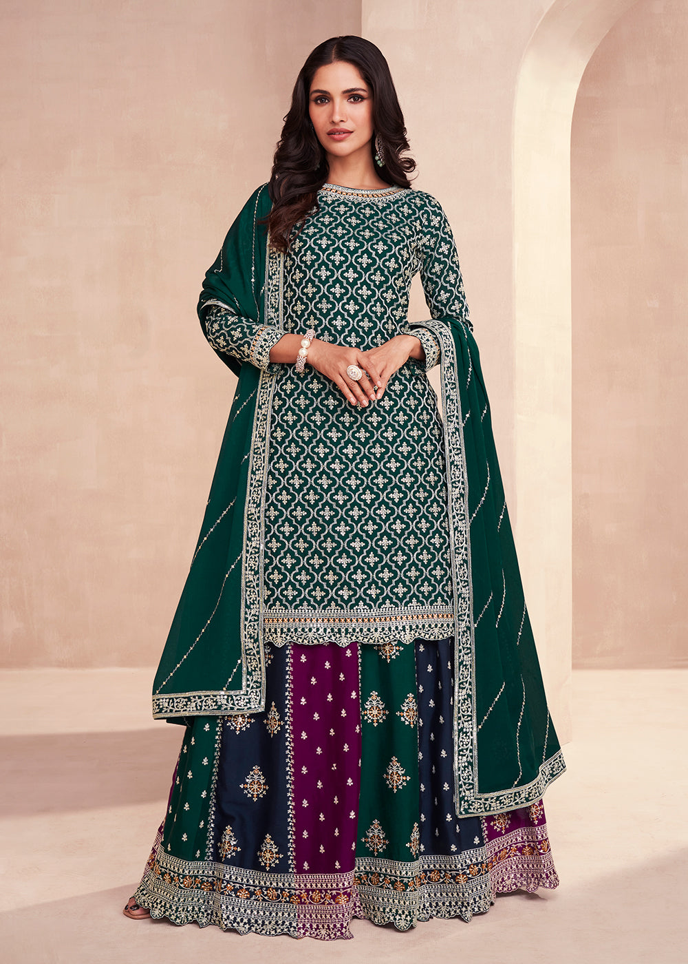 Buy Now Dark Green Multicolor Sequins Embroidered Lehenga Skirt Suit Online in USA, UK, Australia, New Zealand, Canada & Worldwide at Empress Clothing. 