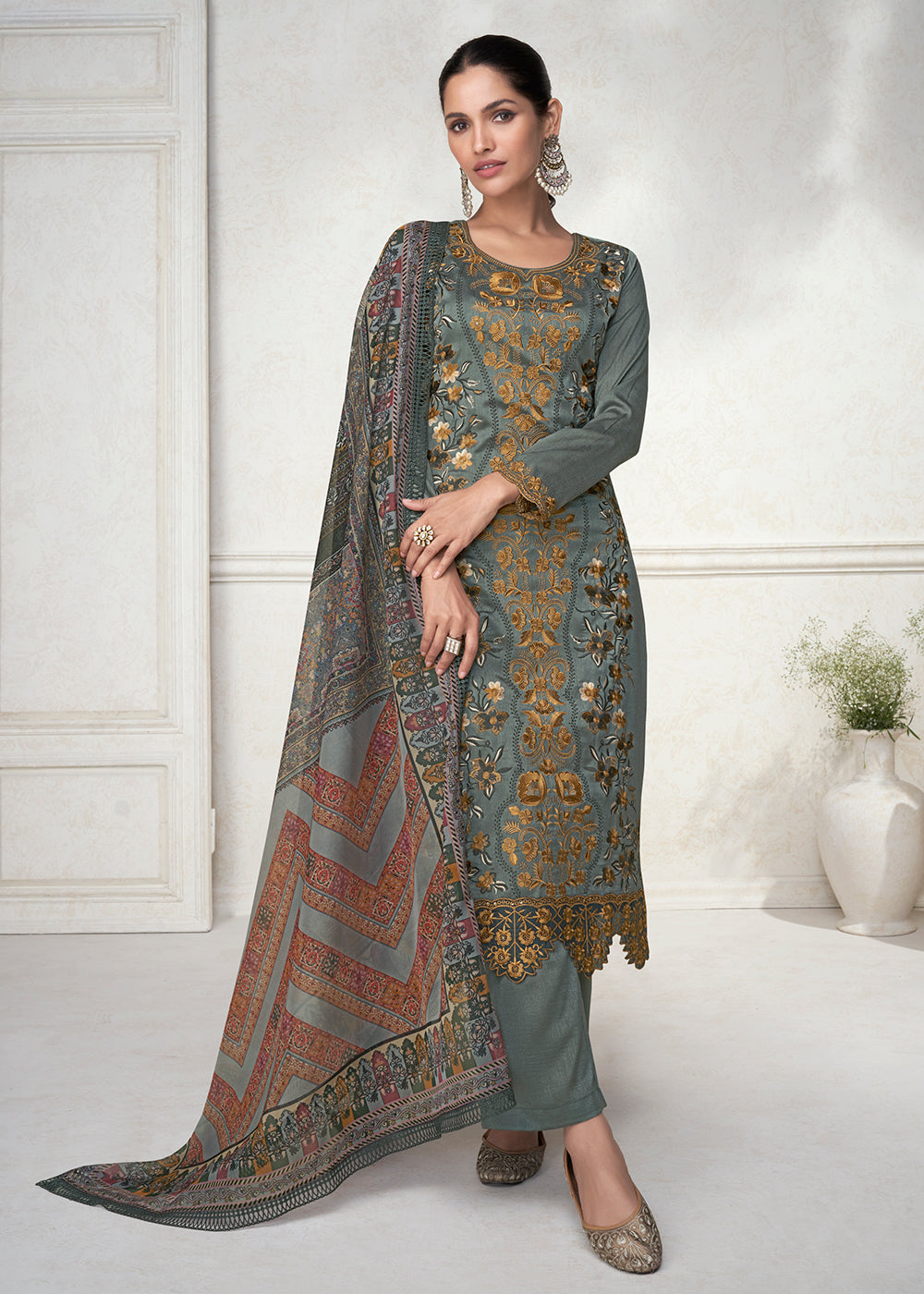 Buy Now Fabulous Grey Floral Embroidered Silk Wedding Salwar Suit Online in USA, UK, Canada, Germany, Australia & Worldwide at Empress Clothing. 