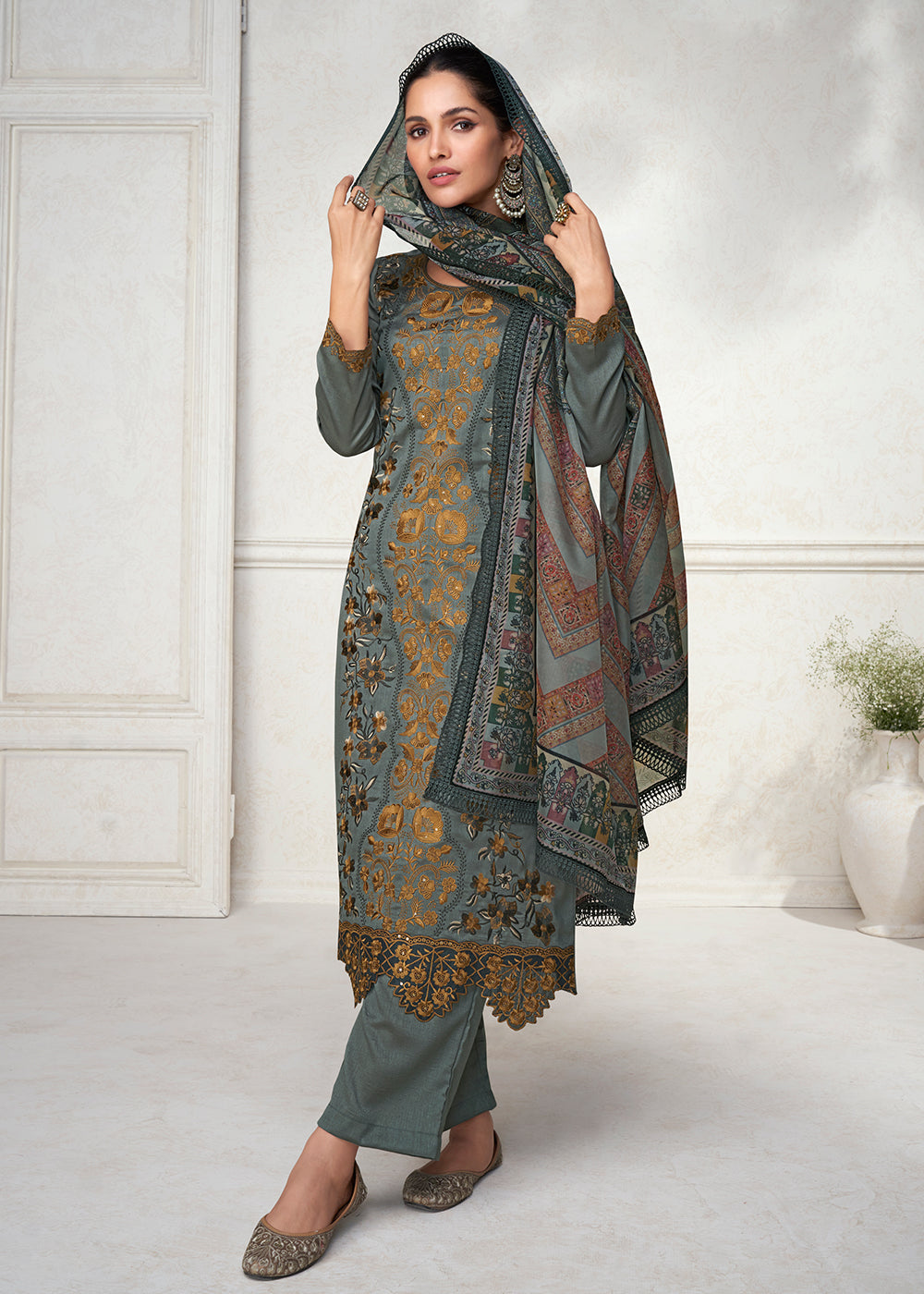 Buy Now Fabulous Grey Floral Embroidered Silk Wedding Salwar Suit Online in USA, UK, Canada, Germany, Australia & Worldwide at Empress Clothing. 