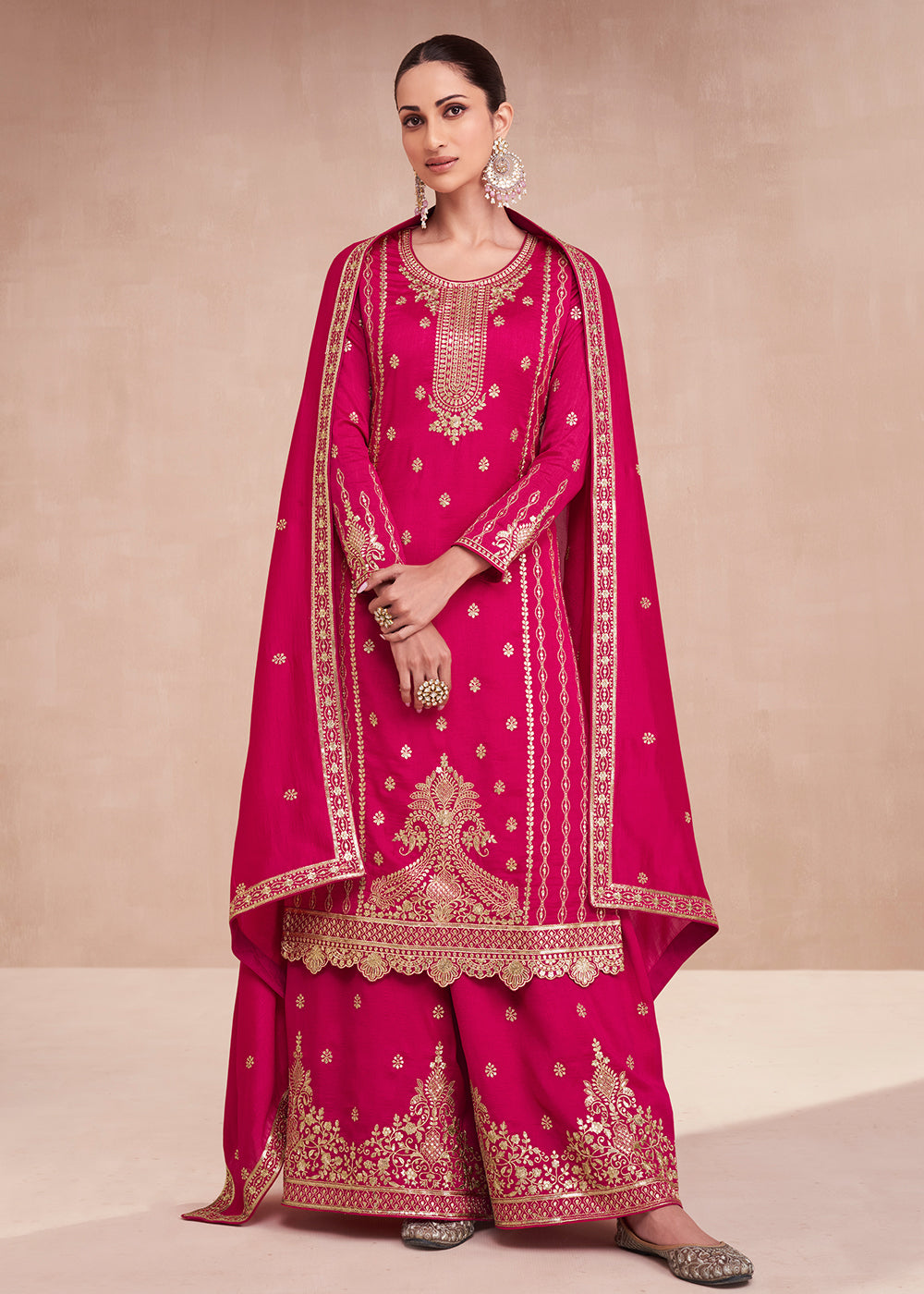 Punjabi Style Palazzo Suit - Chinnon Pink Multicolor Embroidered Suit –  Empress Clothing