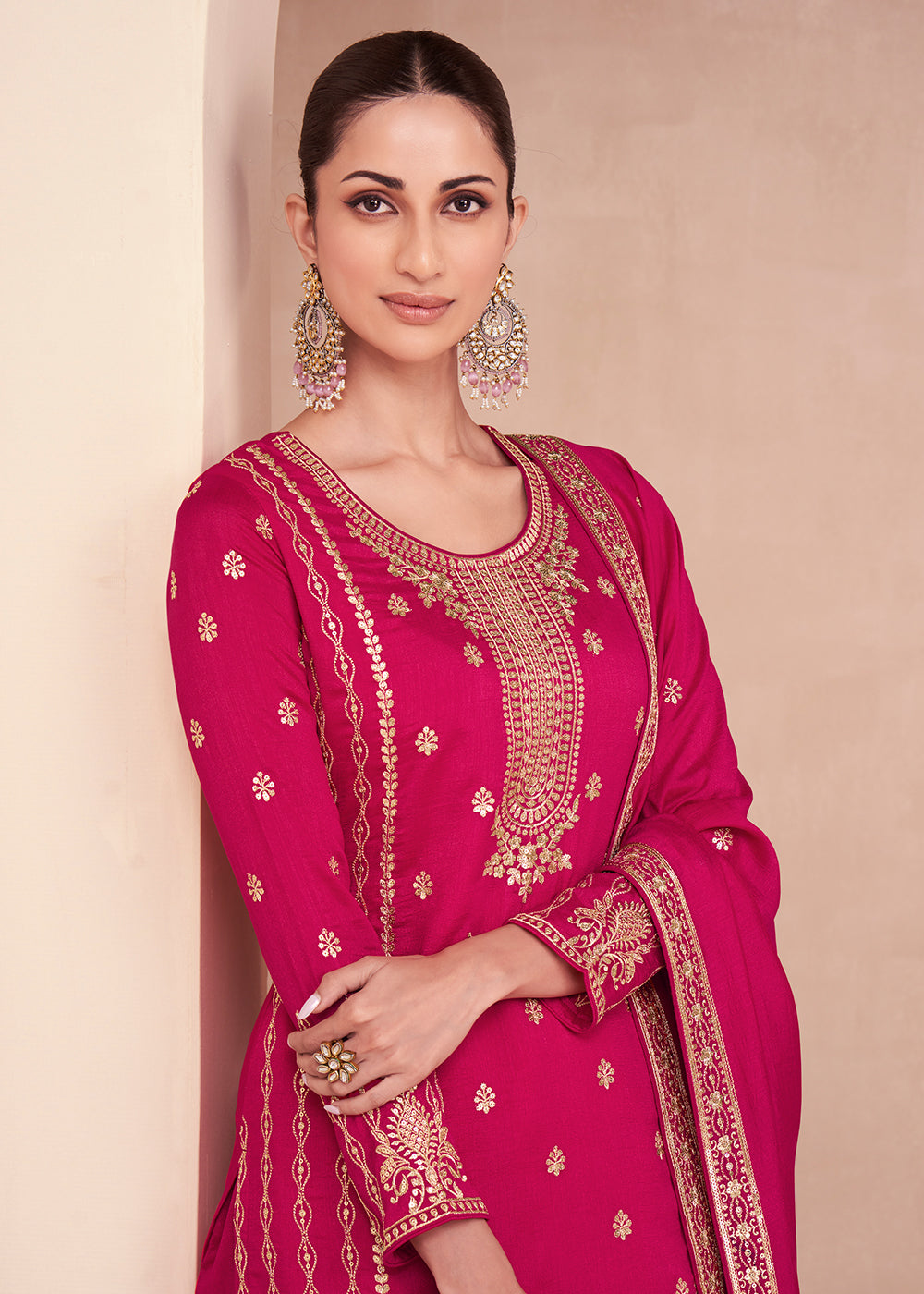 Buy Now Captivating Hot Pink Zari Embroidered Palazzo Salwar Suit Online in USA, UK, Canada, Germany, Australia & Worldwide at Empress Clothing.