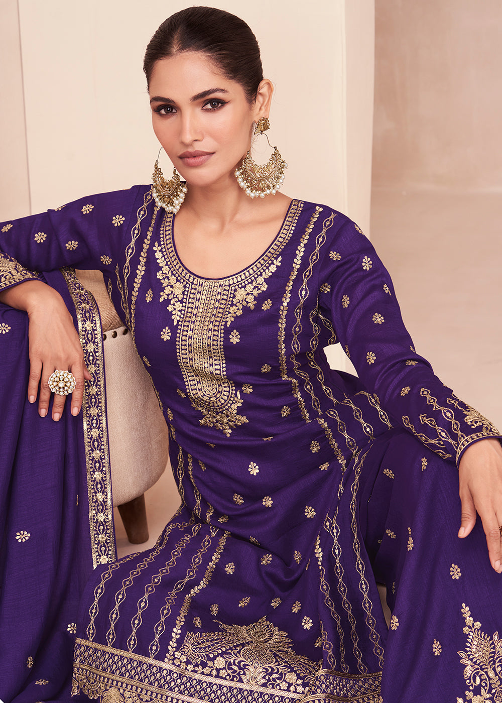 Buy Now Captivating Purple Zari Embroidered Palazzo Salwar Suit Online in USA, UK, Canada, Germany, Australia & Worldwide at Empress Clothing