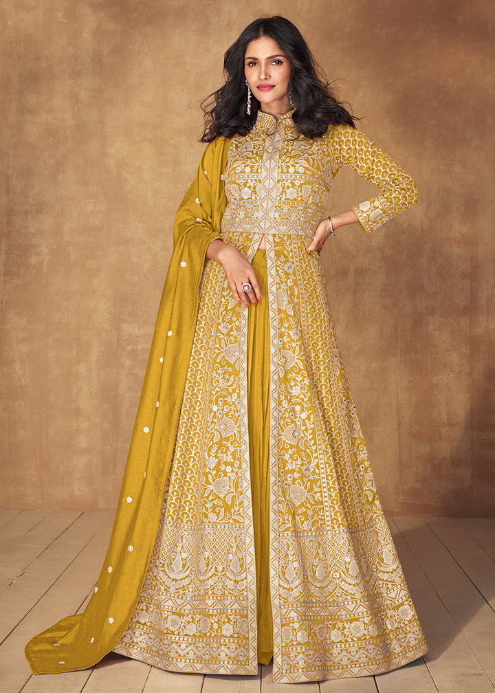 Buy Now Yellow Slit Style Embroidered Lehenga Anarkali Suit Online in USA, UK, Australia, New Zealand, Canada & Worldwide at Empress Clothing.