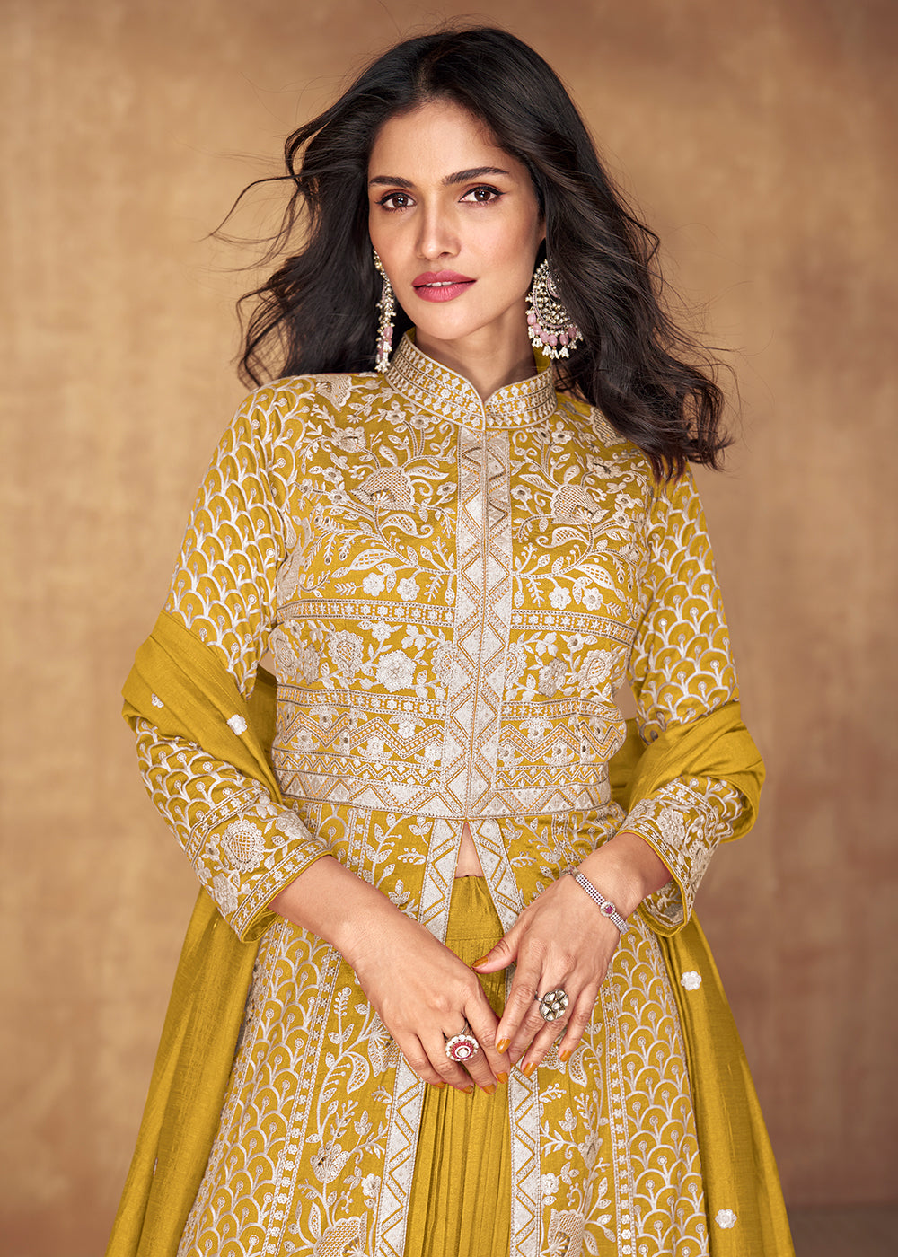 Buy Now Yellow Slit Style Embroidered Lehenga Anarkali Suit Online in USA, UK, Australia, New Zealand, Canada & Worldwide at Empress Clothing.