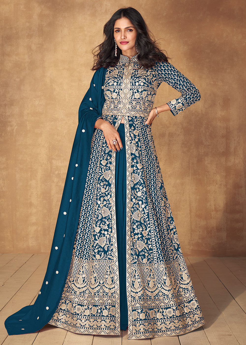 Buy Now Prussian Blue Slit Style Embroidered Lehenga Anarkali Suit Online in USA, UK, Australia, New Zealand, Canada & Worldwide at Empress Clothing.