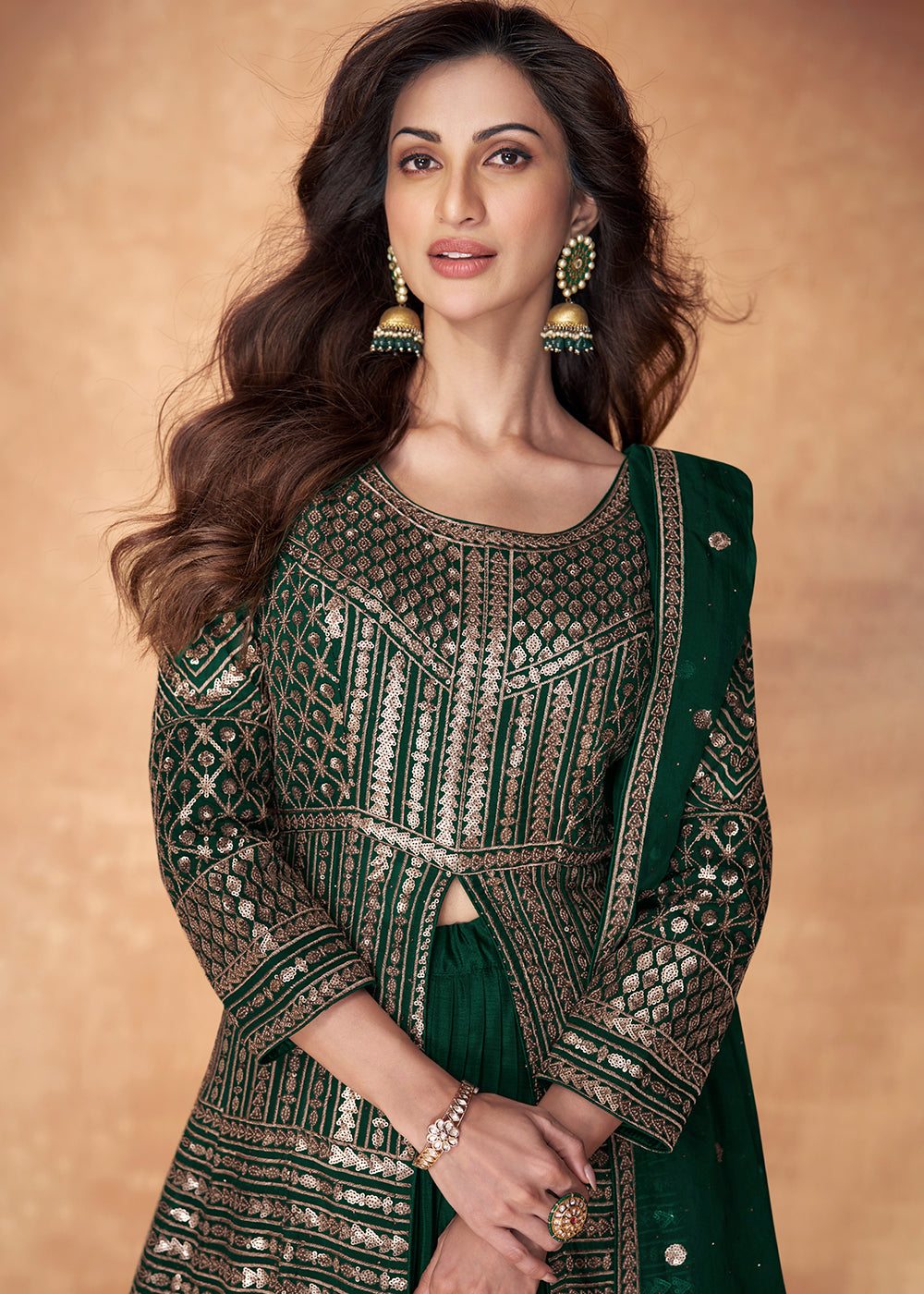 Buy Now Bottle Green Skirt Style Embroidered Wedding Anarkali Suit Online in USA, UK, Australia, New Zealand, Canada & Worldwide at Empress Clothing.