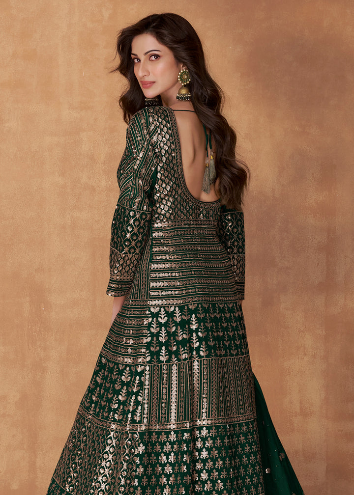 Buy Now Bottle Green Skirt Style Embroidered Wedding Anarkali Suit Online in USA, UK, Australia, New Zealand, Canada & Worldwide at Empress Clothing.