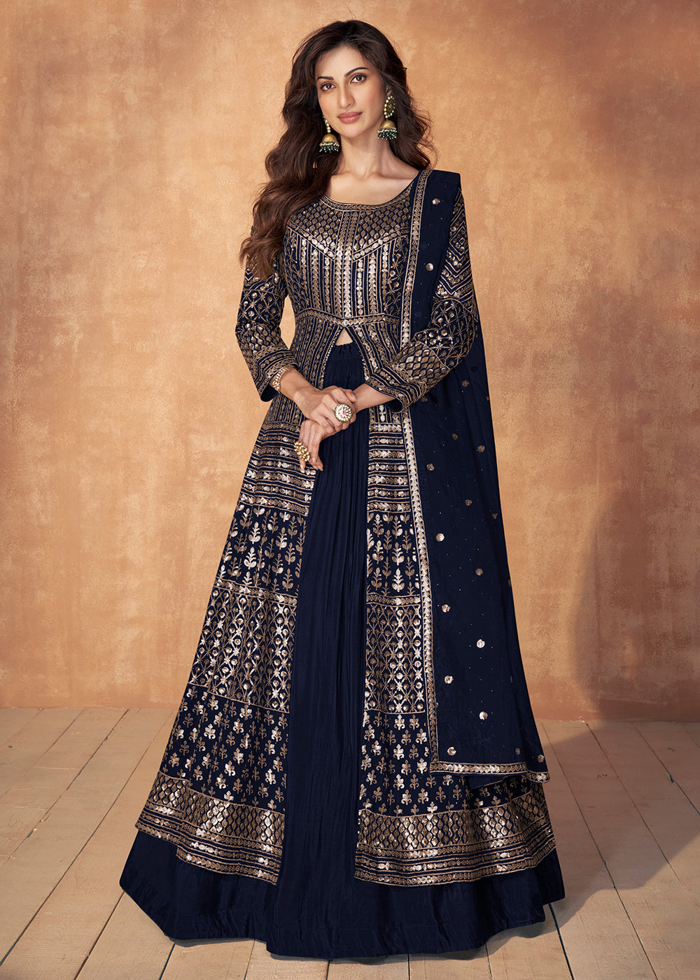 Buy Now Navy Blue Skirt Style Embroidered Wedding Anarkali Suit Online in USA, UK, Australia, New Zealand, Canada & Worldwide at Empress Clothing. 
