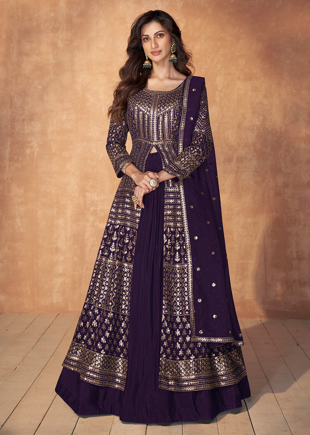 Buy Now Plum Purple Skirt Style Embroidered Wedding Anarkali Suit Online in USA, UK, Australia, New Zealand, Canada & Worldwide at Empress Clothing.