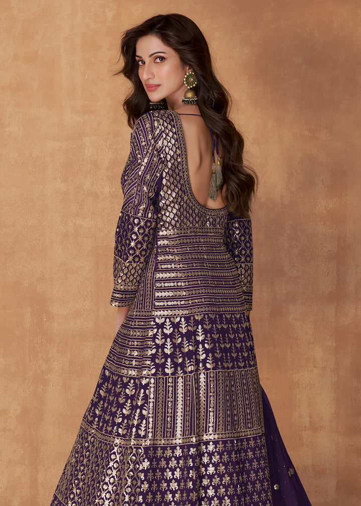 Buy Now Plum Purple Skirt Style Embroidered Wedding Anarkali Suit Online in USA, UK, Australia, New Zealand, Canada & Worldwide at Empress Clothing.