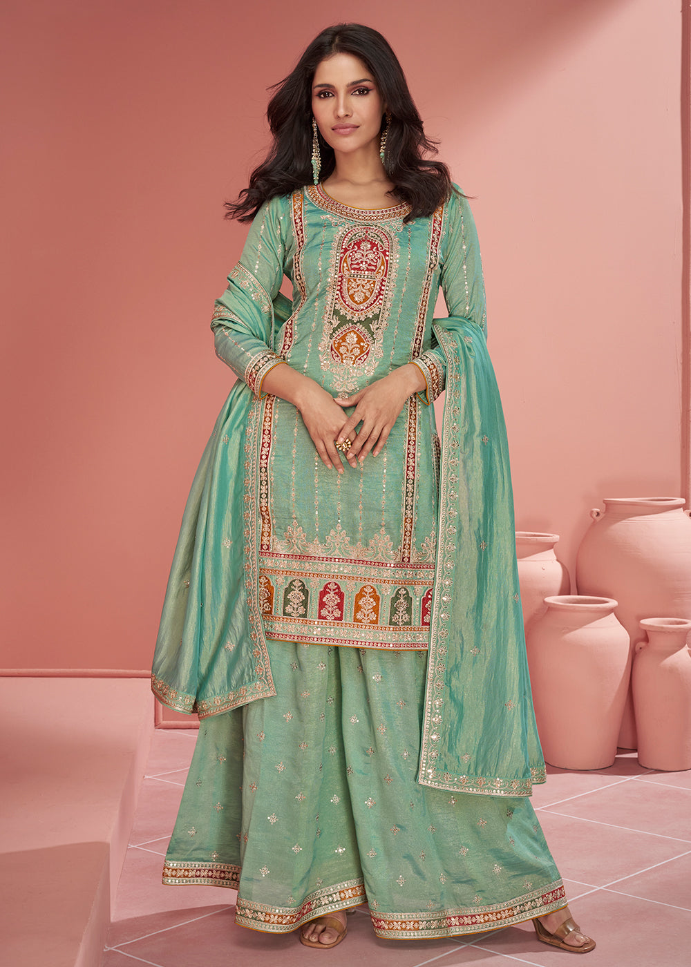 Pista Green Embroidered Palazzo Suit