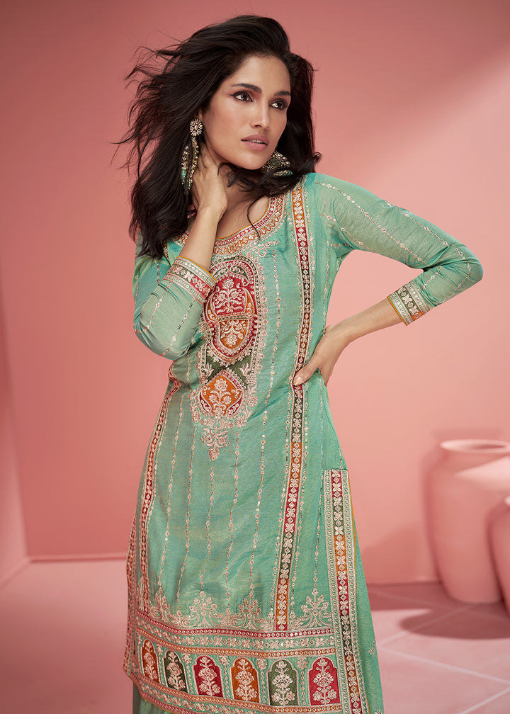 Buy Now Organza Silk Mint Green Embroidered Designer Palazzo Suit Online in USA, UK, Canada, Germany, Australia & Worldwide at Empress Clothing.