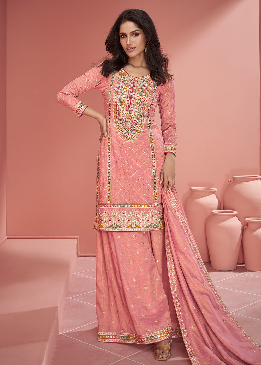 Buy Now Organza Silk Coral Pink Embroidered Designer Palazzo Suit Online in USA, UK, Canada, Germany, Australia & Worldwide at Empress Clothing.