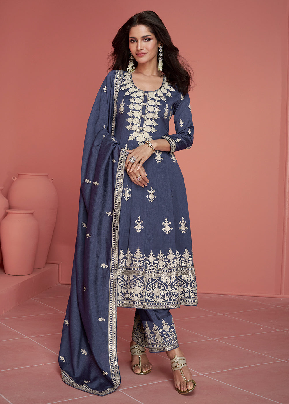 Buy Now Punjabi Style Silk Embroidered Salwar Suit in Lavender Blue Online in USA, UK, Canada, Germany, Australia & Worldwide at Empress Clothing.