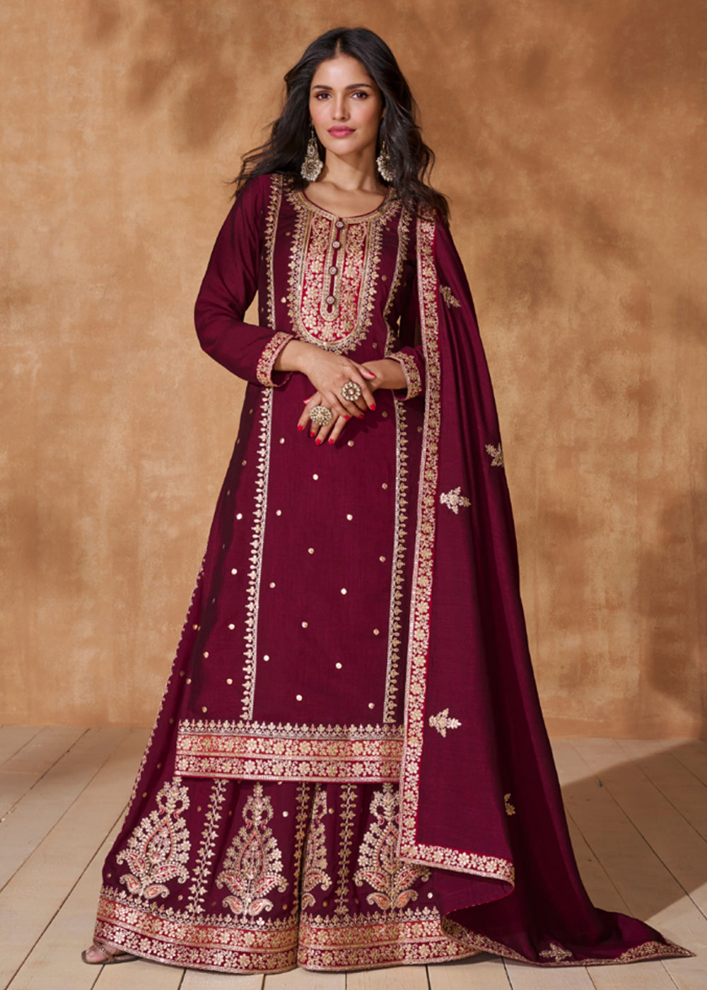 Buy Now Lovely Wine Premium Silk Designer Palazzo Style Suit Online in USA, UK, Canada, Germany, Australia & Worldwide at Empress Clothing.