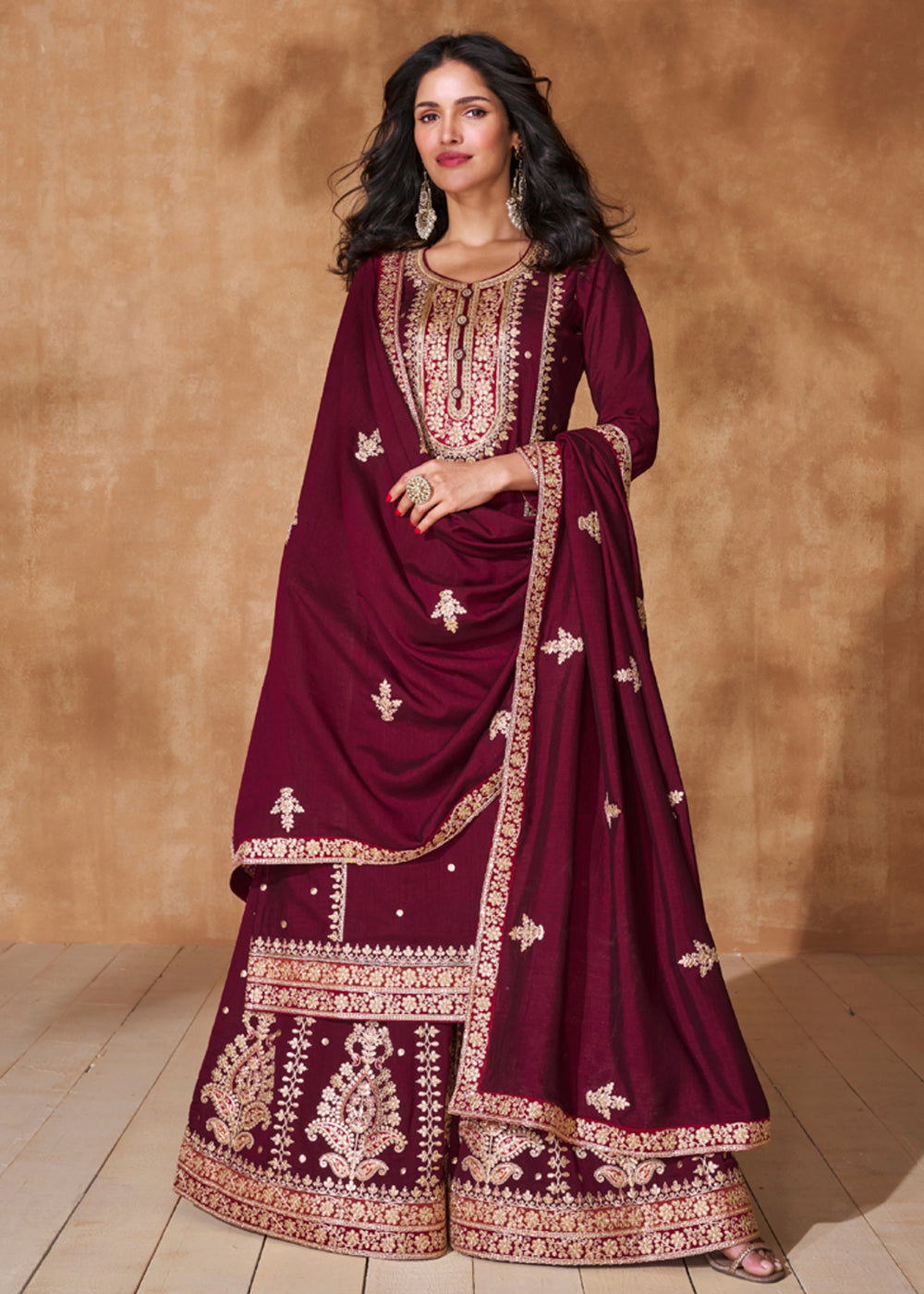 Buy Now Lovely Wine Premium Silk Designer Palazzo Style Suit Online in USA, UK, Canada, Germany, Australia & Worldwide at Empress Clothing. 