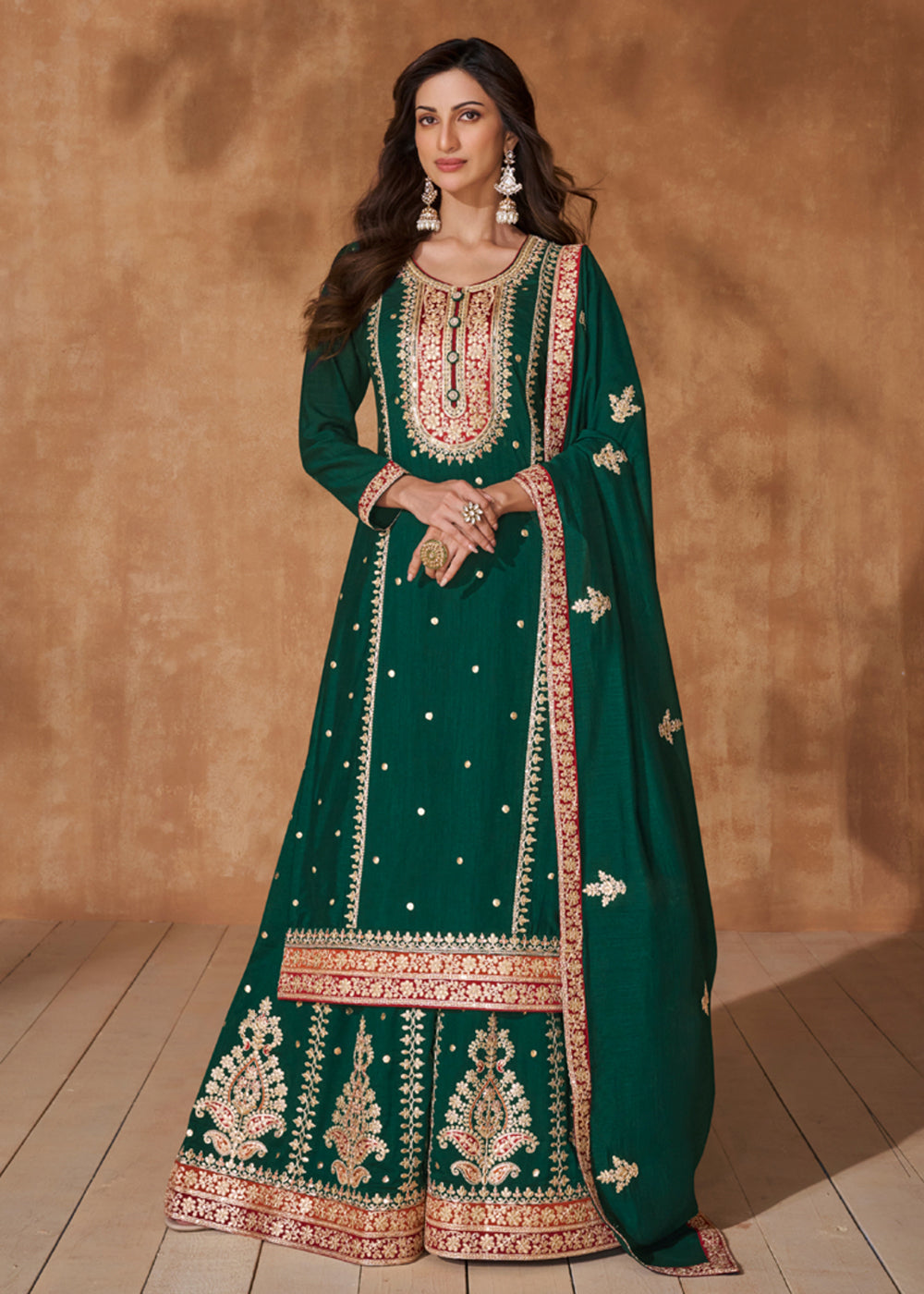 Buy Now Pine Green Premium Silk Designer Palazzo Style Suit Online in USA, UK, Canada, Germany, Australia & Worldwide at Empress Clothing. 