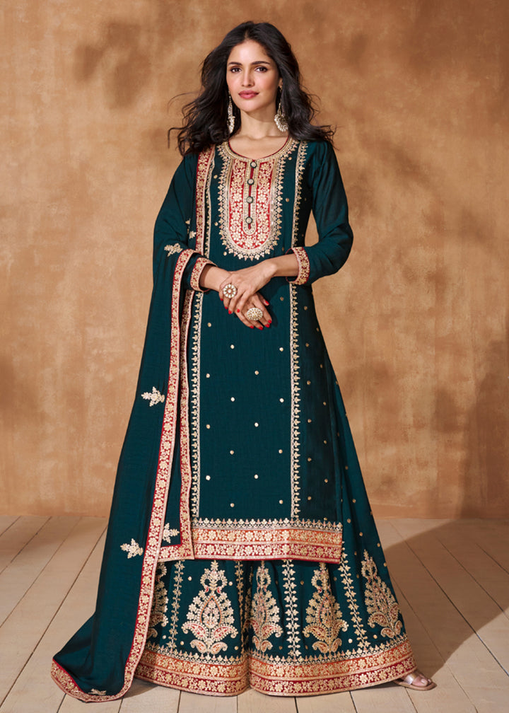 Buy Now Prussian Blue Premium Silk Designer Palazzo Style Suit Online in USA, UK, Canada, Germany, Australia & Worldwide at Empress Clothing.