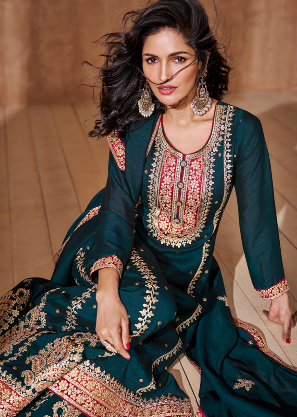 Buy Now Prussian Blue Premium Silk Designer Palazzo Style Suit Online in USA, UK, Canada, Germany, Australia & Worldwide at Empress Clothing.