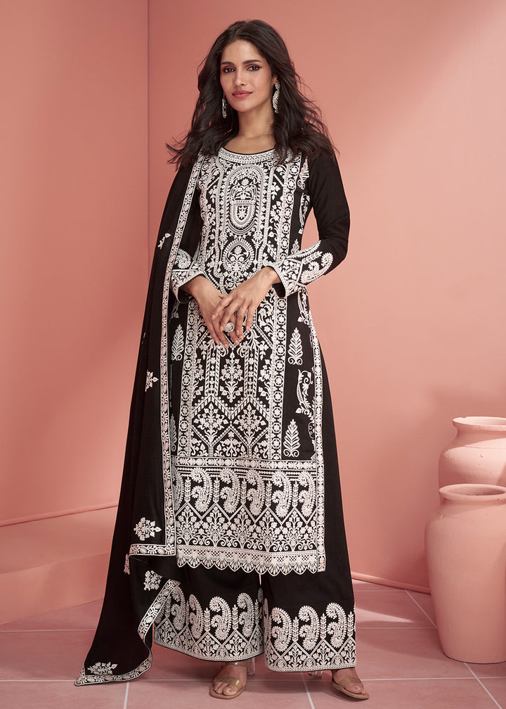 Buy Now Premium Silk Black Embroidered Eid Style Palazzo Suit Online in USA, UK, Canada, Germany, Australia & Worldwide at Empress Clothing. 
