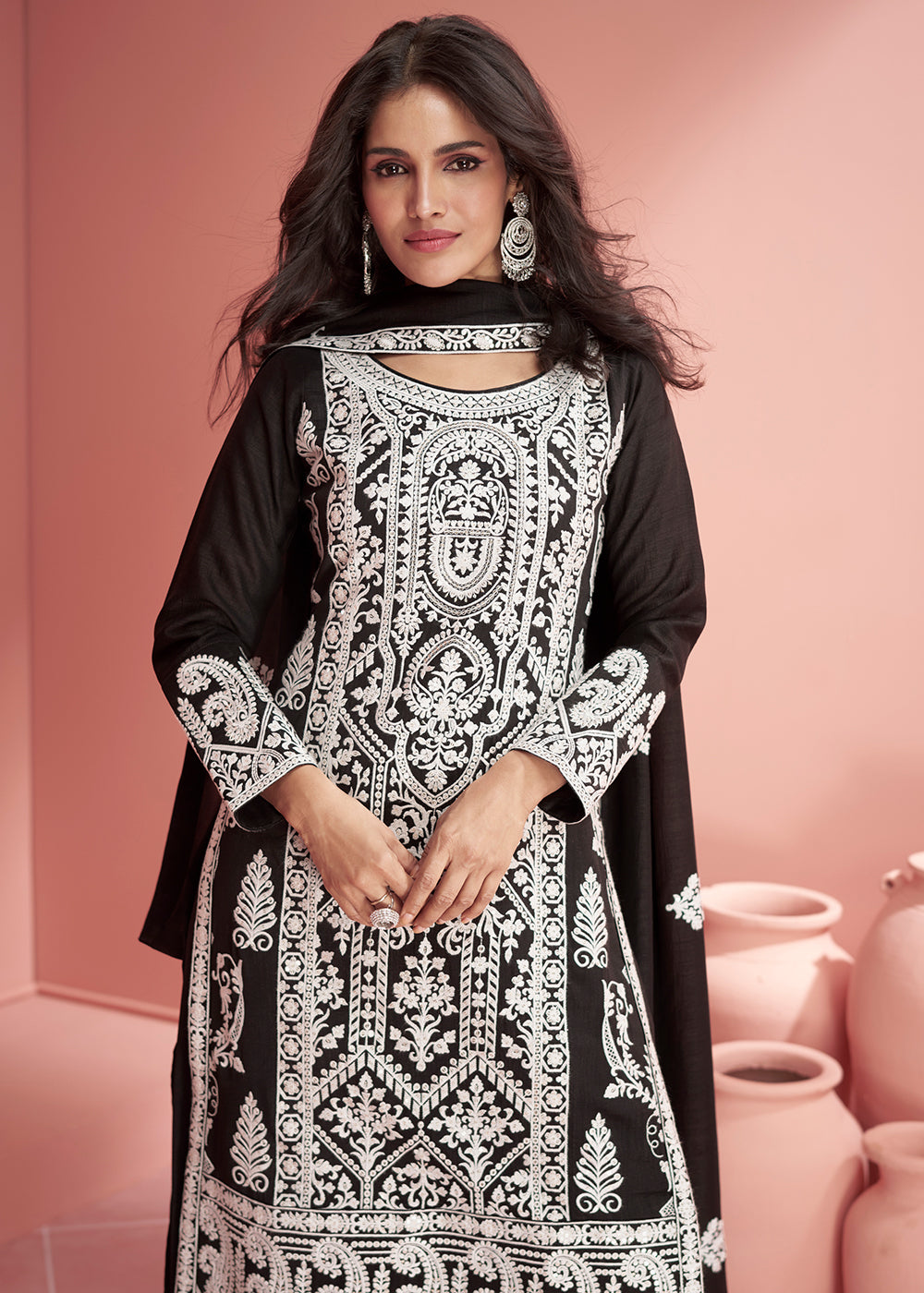 Buy Now Premium Silk Black Embroidered Eid Style Palazzo Suit Online in USA, UK, Canada, Germany, Australia & Worldwide at Empress Clothing. 