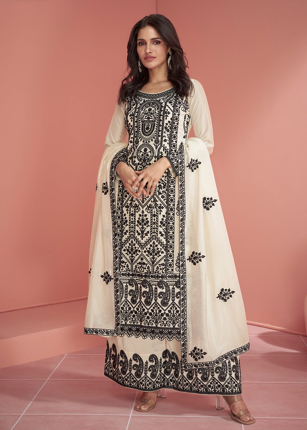 Buy Now Premium Silk Off White Embroidered Eid Style Palazzo Suit Online in USA, UK, Canada, Germany, Australia & Worldwide at Empress Clothing.