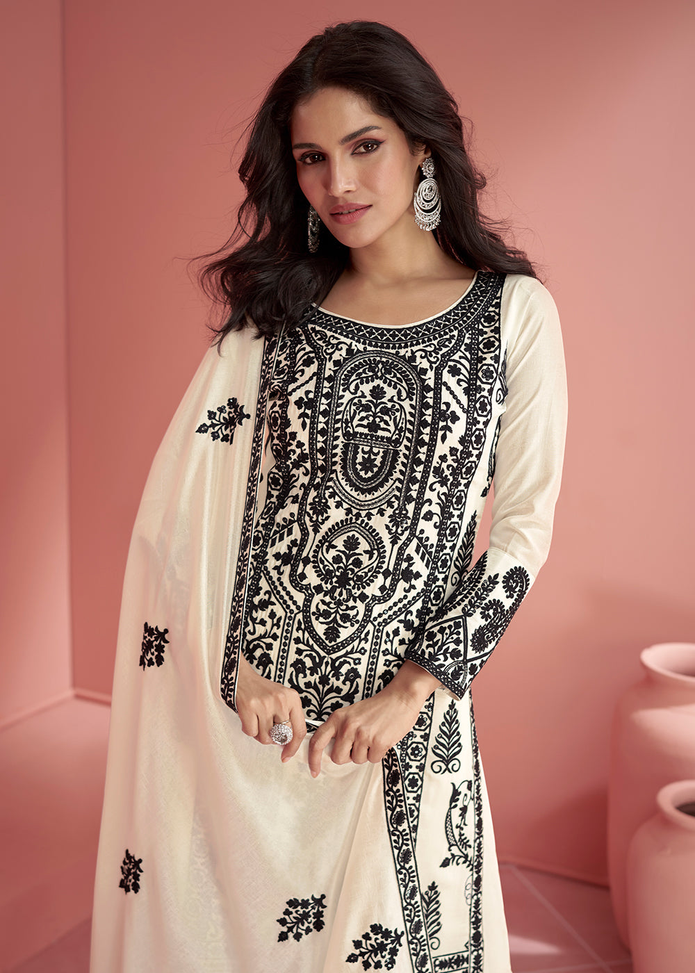 Buy Now Premium Silk Off White Embroidered Eid Style Palazzo Suit Online in USA, UK, Canada, Germany, Australia & Worldwide at Empress Clothing.